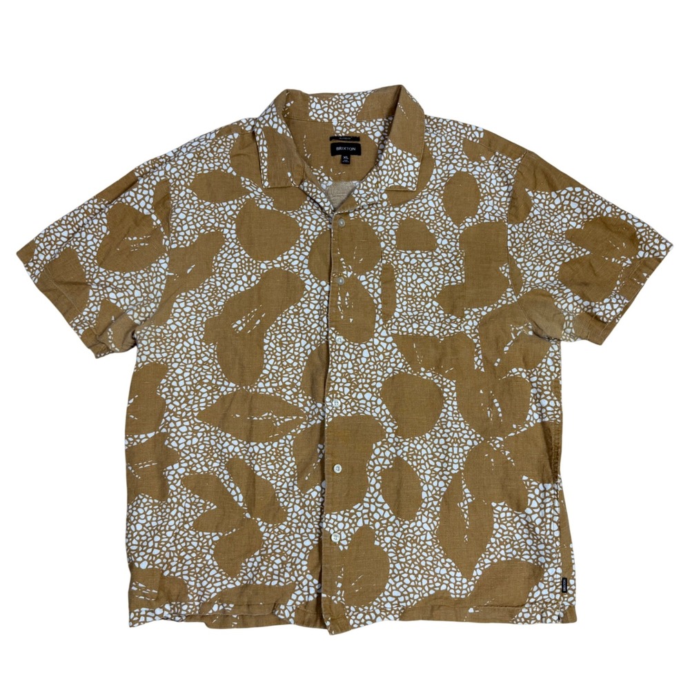 Brixton Mens XL Relaxed Fit Short Sleeve Button Up Shirt Tan Abstract Print